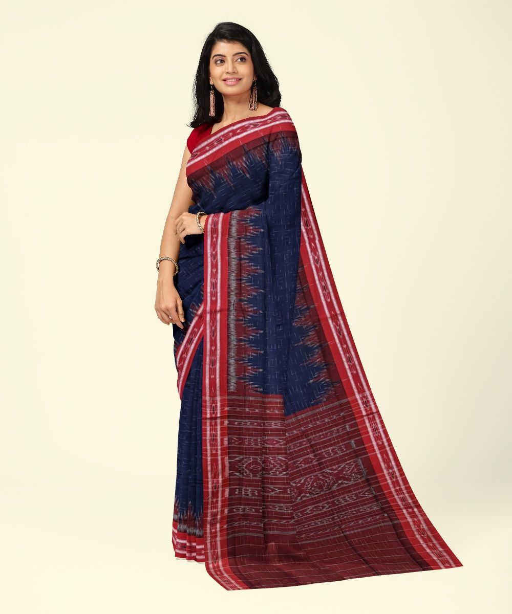 Blue Red Sambalpuri Handwoven Single Ikat Cotton Saree SFCSAR2215