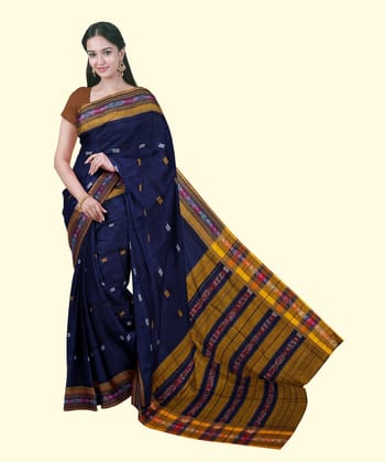 Blue Yellow Sambalpuri Handwoven Single Ikat Cotton Saree SFCSAR2224