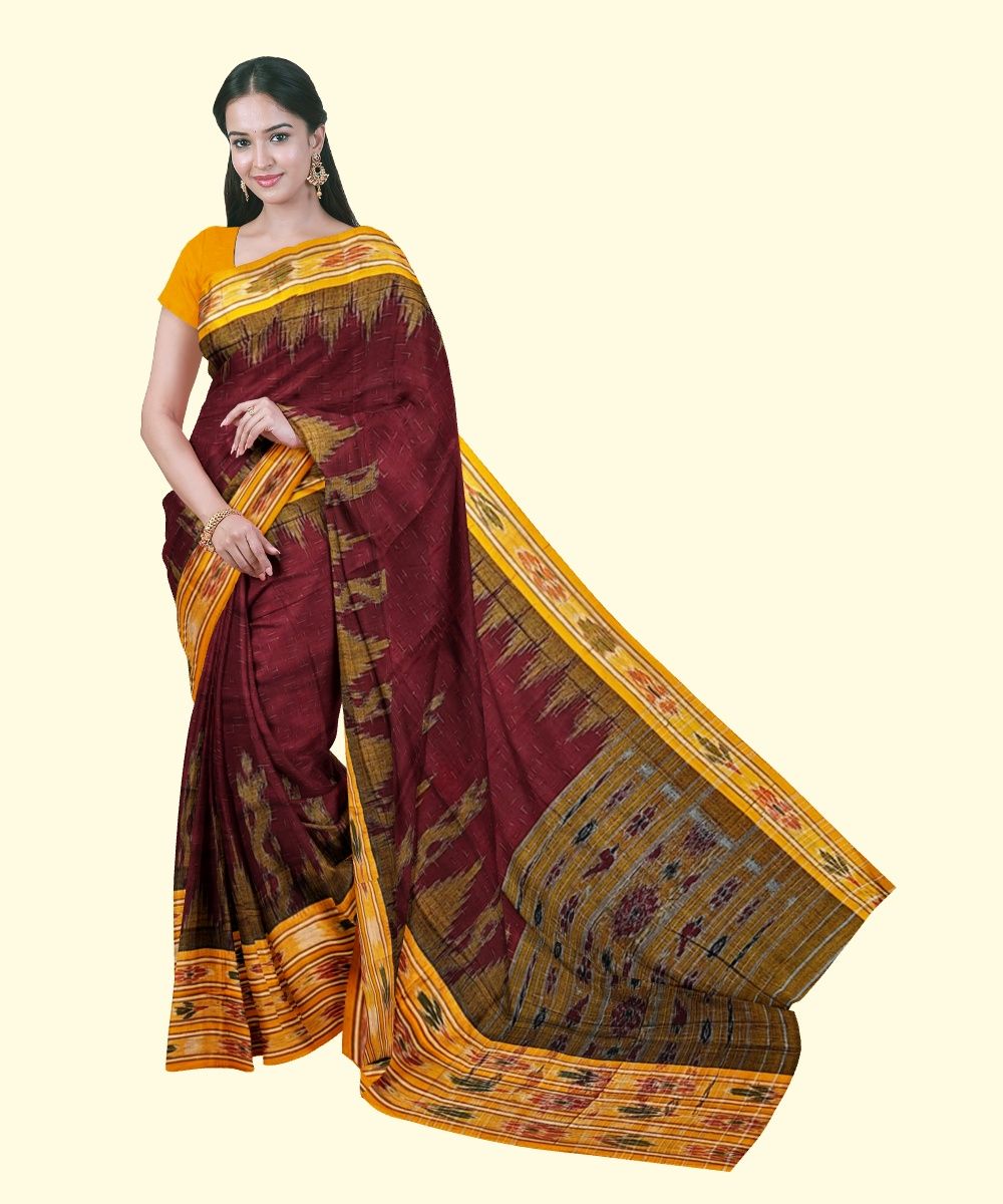 Maroon Yellow Sambalpuri Handwoven Single Ikat Cotton Saree(SFCSAR2233