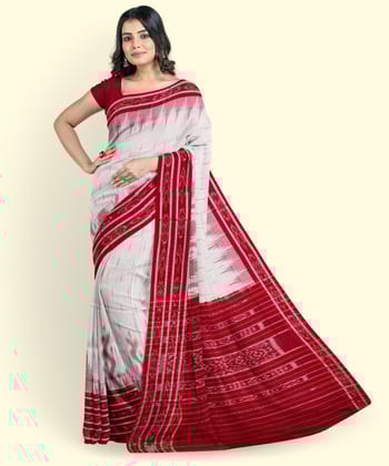White Red Sambalpuri Handwoven Single Ikat Cotton Saree SFCSAR2232