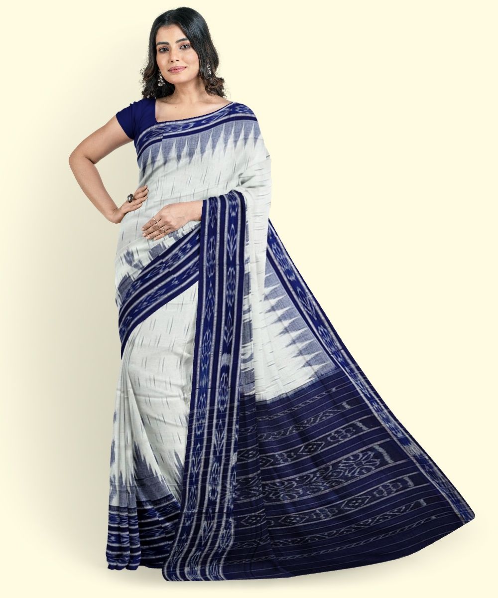 White Blue Sambalpuri Handwoven Single Ikat Cotton Saree SFCSAR2234