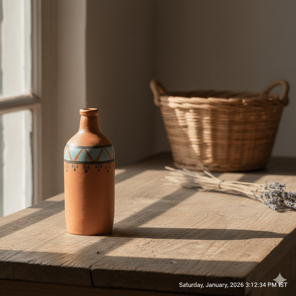 Handcrafted Terracotta Decorative Bottle with Geometric Design