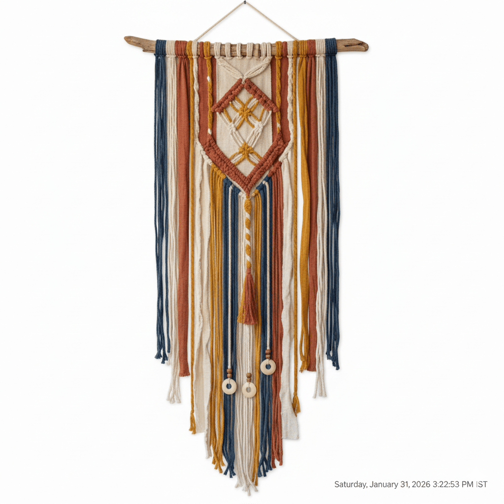 Boho Macrame Wall Hanging with Geometric Pattern - Multicolor Cotton Wall Decor