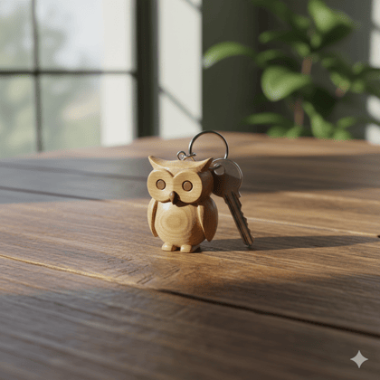Wooden Owl Keychain with Key Ring - Handcrafted Carved Wood Key Holder