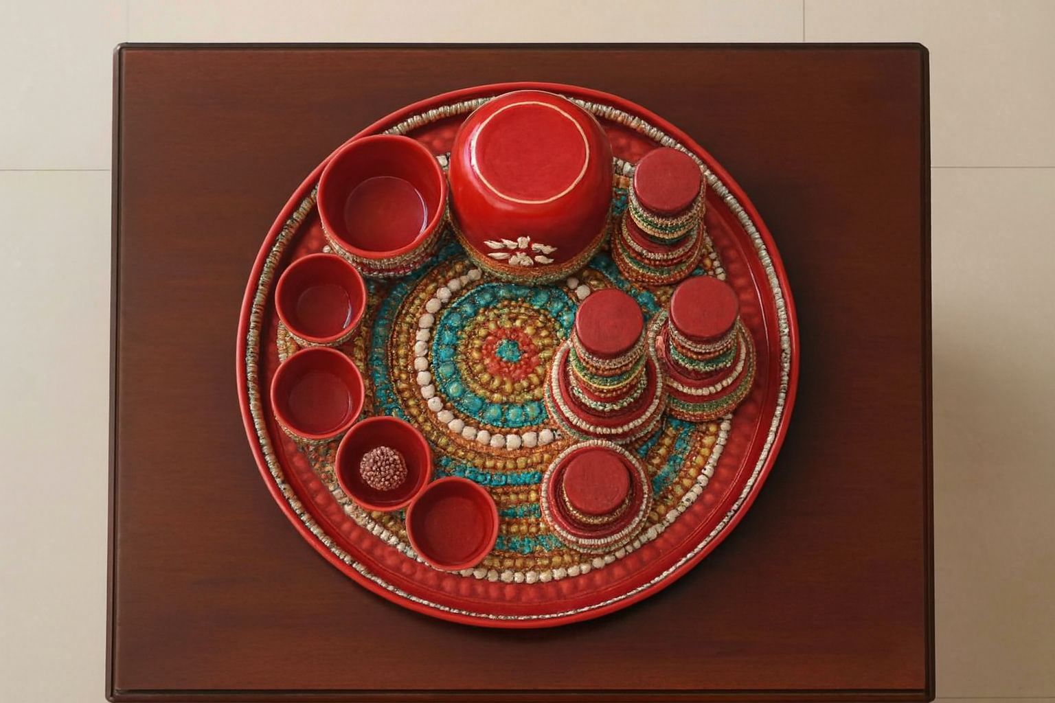 Red Ceramic Pooja Thali Set with Intricate Mandala Design