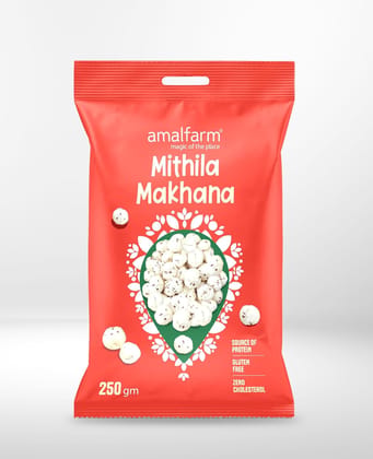 Amalfarm Mithila Makhana | Premium Foxnuts/Lotus Seeds | GI-Tag Superfood | 100% Natural, Naturally gluten-free & Oil-Free Roasted Snack | High Protein | Ideal for Fasting & Healthy Munching | 250g