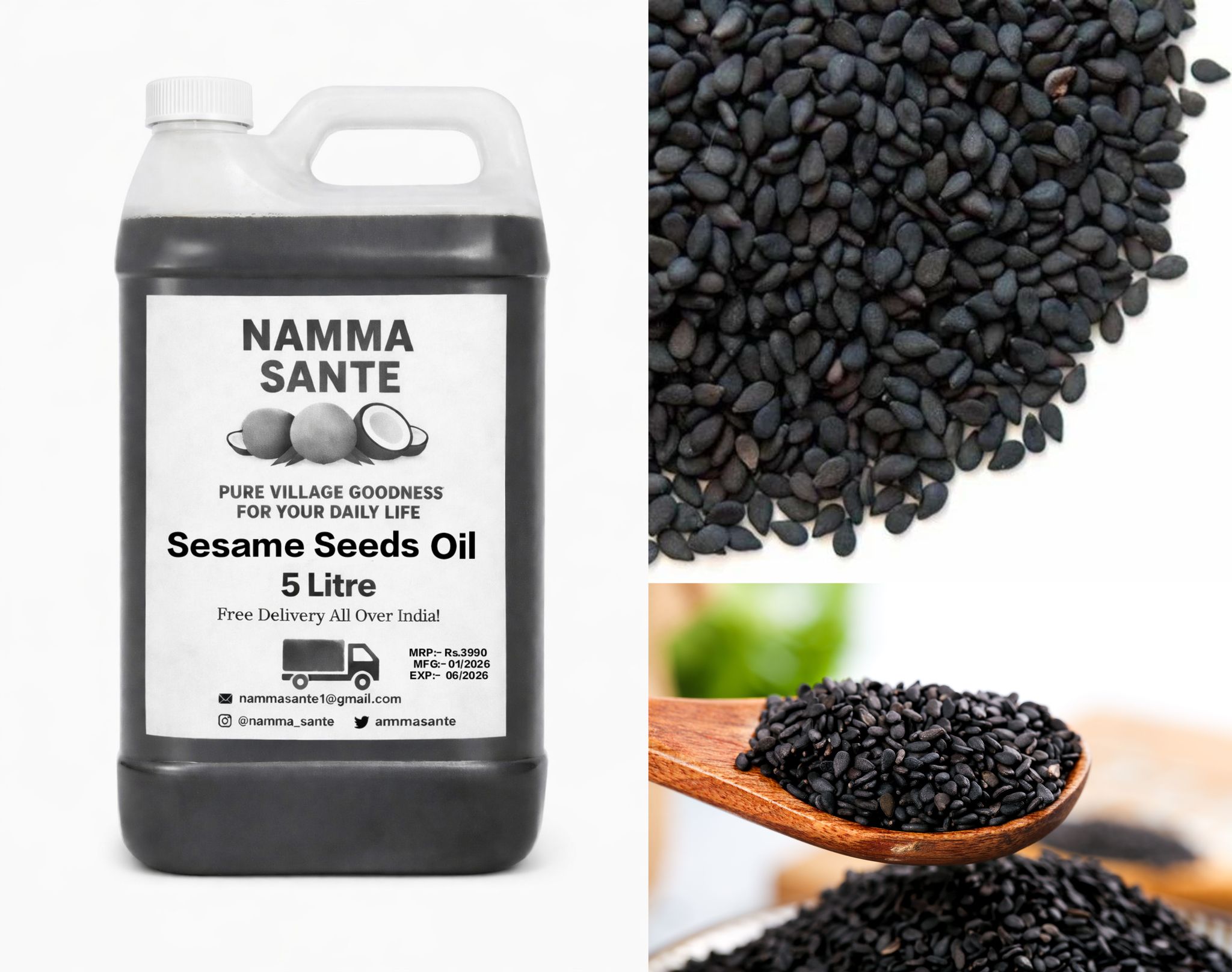 Sesame Seeds Oil, Til Oil, Gingelly Oil, Nallennai, Ellu Ennai 5litre 