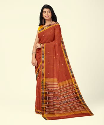 Rust Yellow Sambalpuri Handwoven Single Ikat Cotton Saree SFCSAR2241