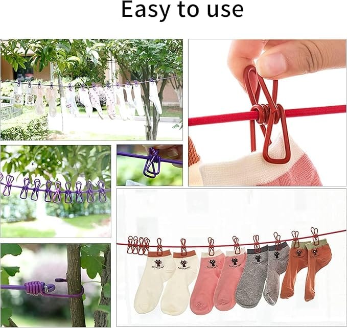 Cloth Line Clip Dori with Hooks | Stretchable Travel Clothes Drying Rope with 12 Clips | Durable Portable Laundry Line for Home, Camping & Outdoor Use