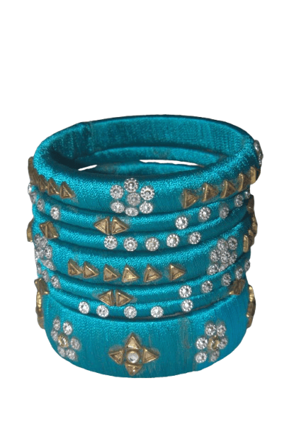 Light Blue Silk Thread Bangles with Design of White Stones 