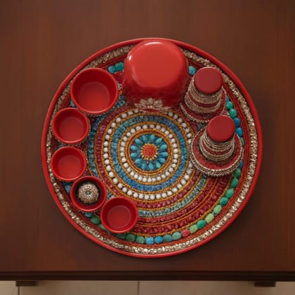 Handcrafted Red Decorative Tray Set with Beaded Embellishments