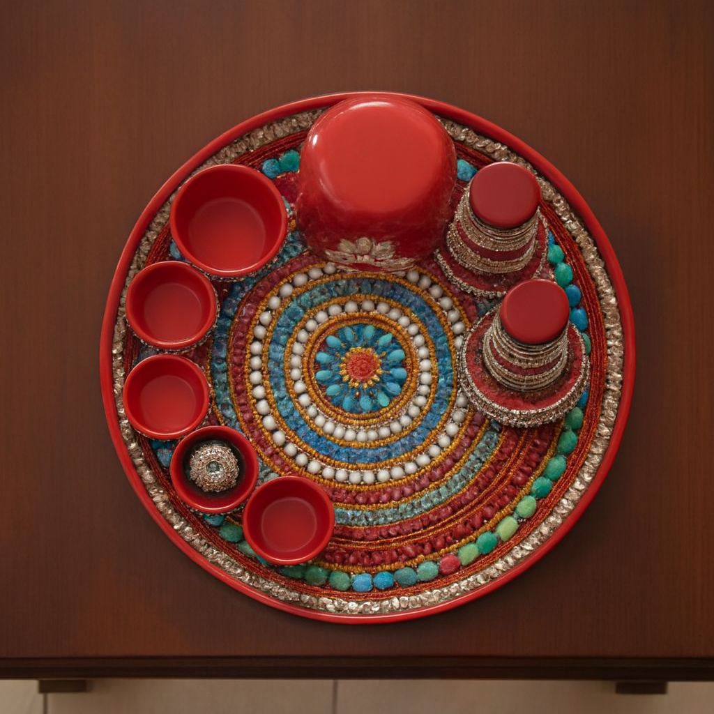 Handcrafted Red Decorative Tray Set with Beaded Embellishments