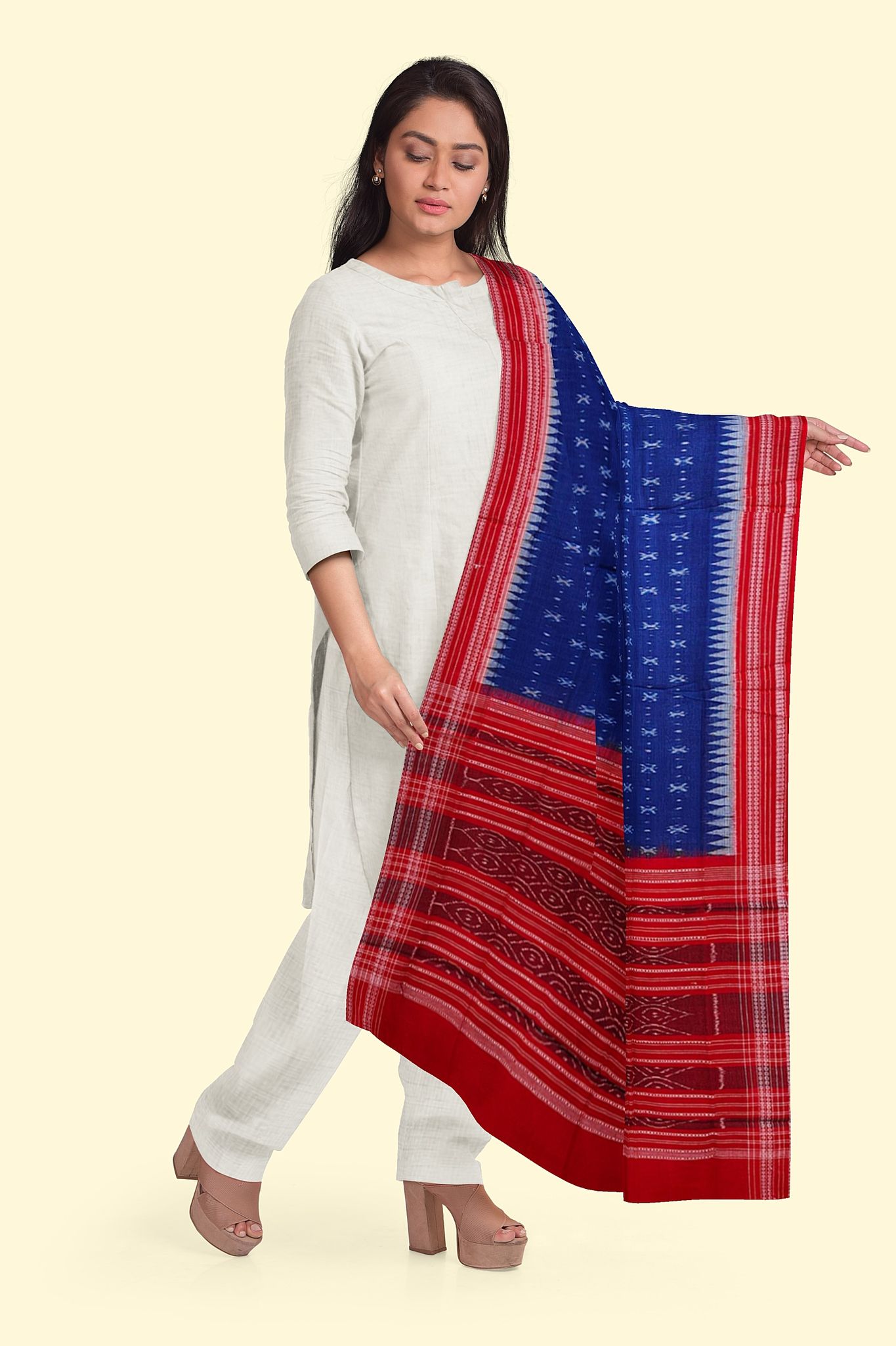 Blue Red Sambalpuri Handwoven Single Ikat Cotton Dupatta SFCDUP190A