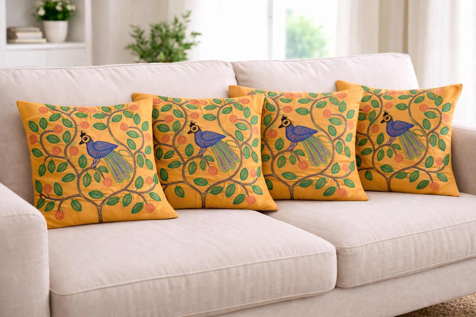Peacock Embroidered Cushion Cover - Set of 4