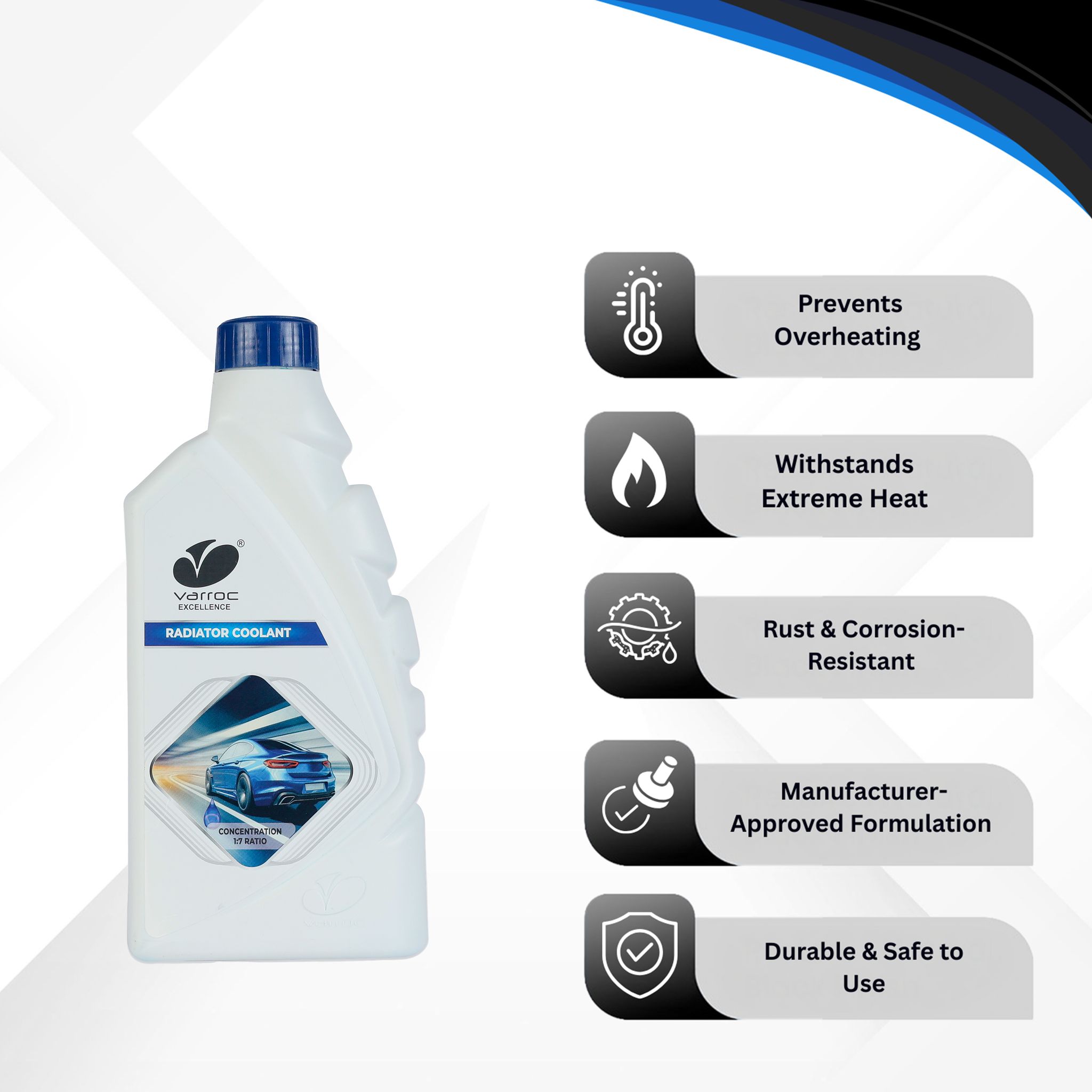 Varroc Car Radiator Coolant 1:7 Blue Concentrate (1 L) | Engine Antifreeze for Petrol, Diesel & CNG Vehicles | Prevents Overheating & Corrosion | Heavy-Duty Cooling Performance