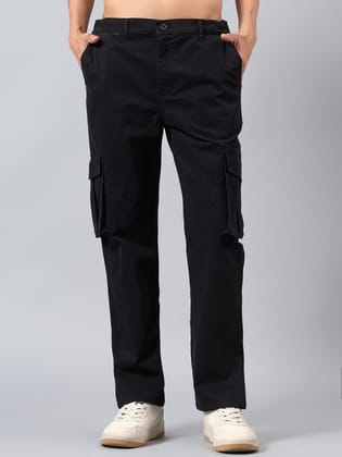 Men's Black Regular Fit Cotton Blend Cargo Pants