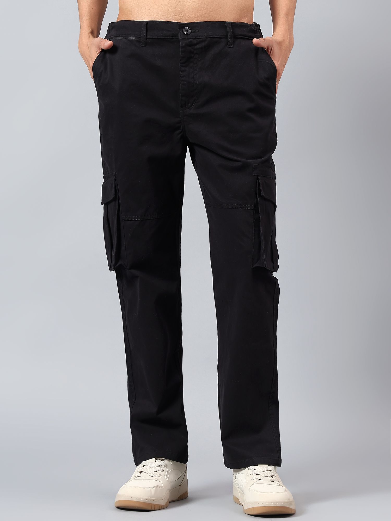 Men's Black Regular Fit Cotton Blend Cargo Pants