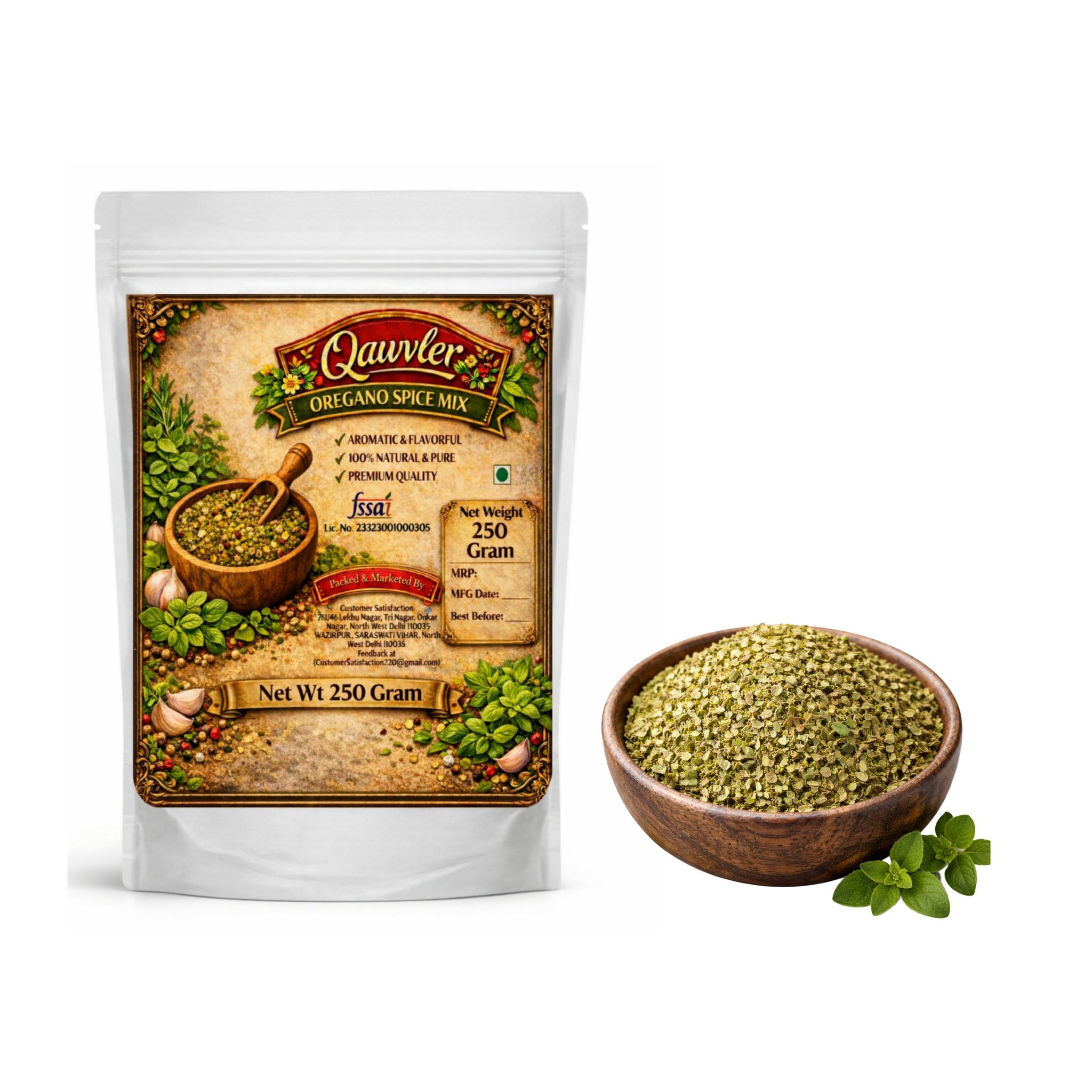 Qawvler Oregano Seasoning for Pizza | Pasta & Salads | 100% Natural & Aromatic | 250 Gram (Pouch)