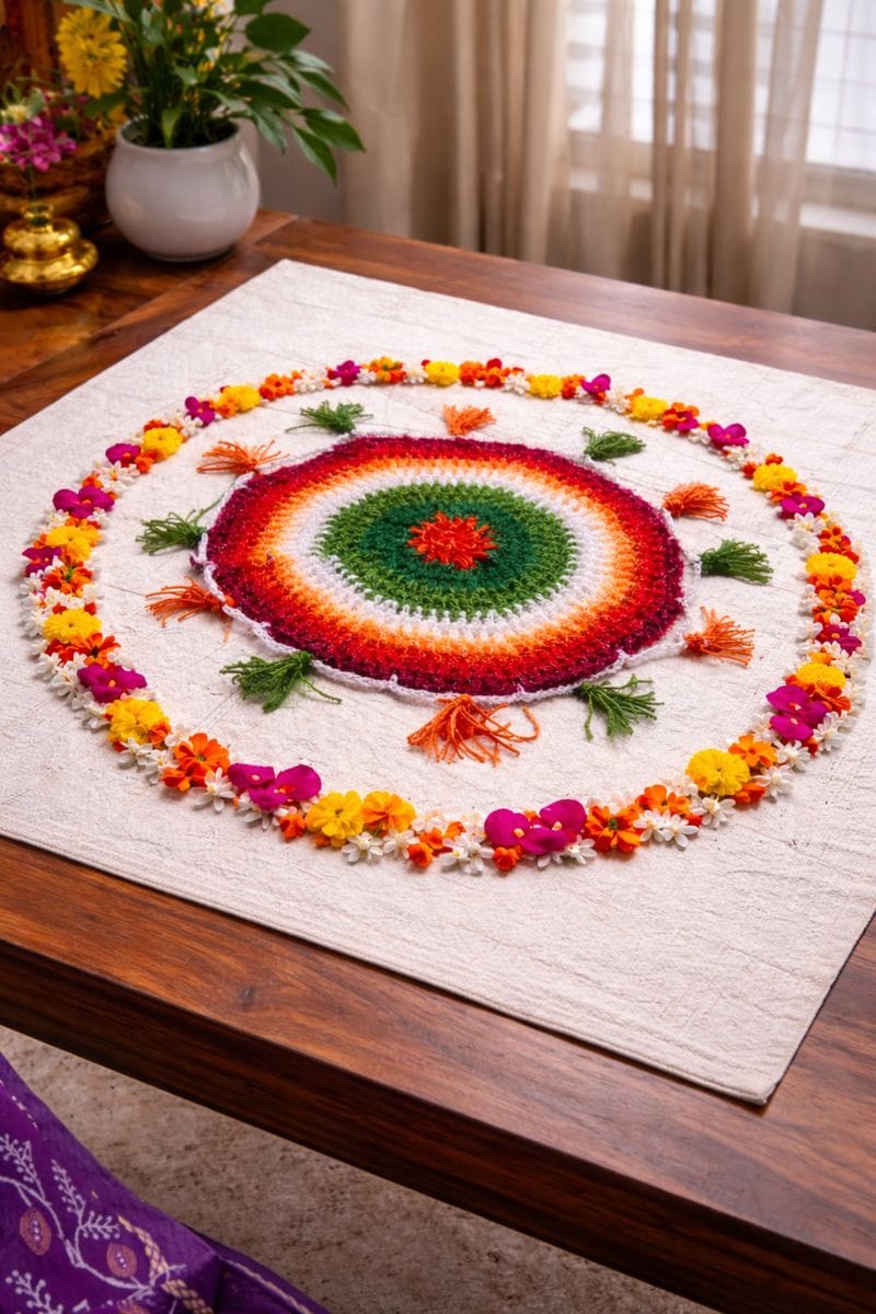 Hand-Crafted Floral and Crocheted Rangoli Mat for Festive Home Decor