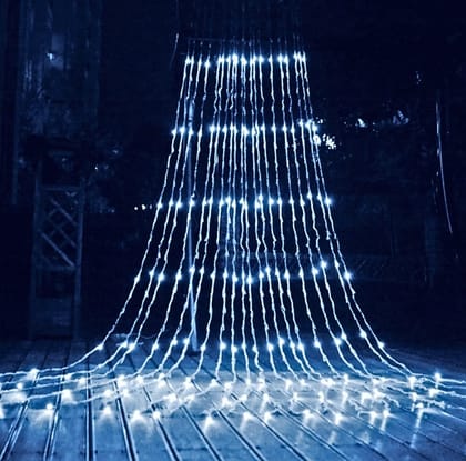 GLOWSERIE Waterfall Curtain Fairy String Lights with Remote, Plug-in LED Hanging Lights for Balcony, Window, Wall, Wedding and Festival Decoration