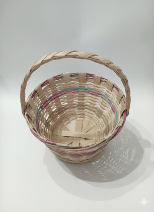 Handcrafted Woven Bamboo Basket with Handle - Natural Finish with Pink & Teal Accents
