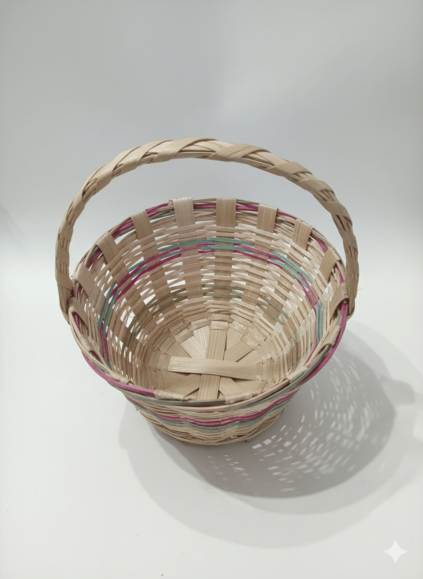 Handcrafted Woven Bamboo Basket with Handle - Natural Finish with Pink & Teal Accents