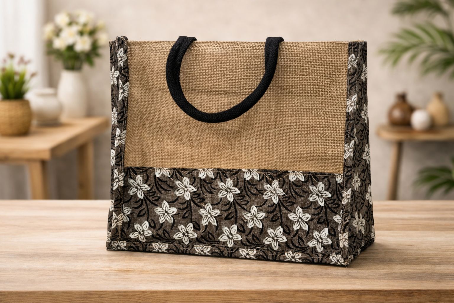 Handcrafted Jute & Fabric Tote Bag – Eco-Friendly Floral Carry Bag