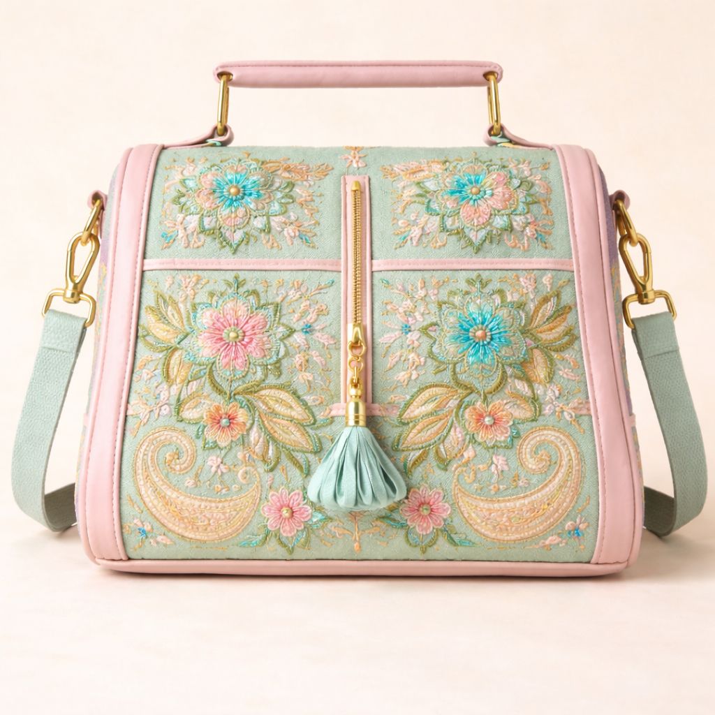 Elegant Embroidered Floral Top-Handle Handbag with Shoulder Strap