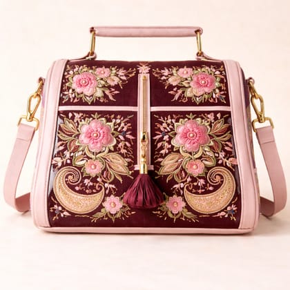 Embroidered Maroon Floral Handbag with Pink Trim & Gold Accents