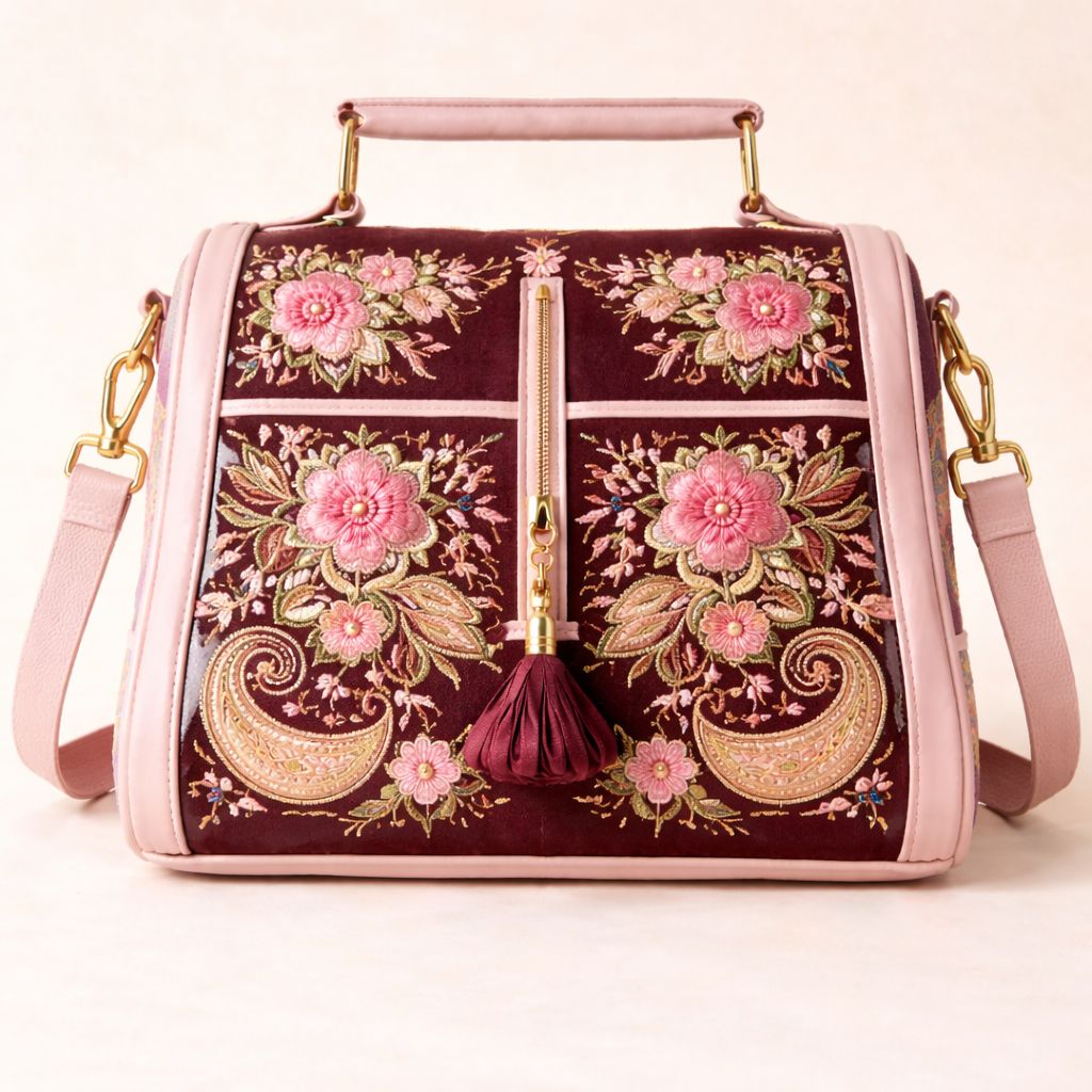 Embroidered Maroon Floral Handbag with Pink Trim & Gold Accents