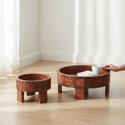 Floral Design Wooden Chowki Set, Traditional Wooden Pooja Chowki Set Brown Colour Decorative Wooden Chowki Set of 2 (Brown) Floral Design Wooden Chowki Set, Traditional Wooden Pooja Chowki Set Brown Colour Decorative Wooden Chowki Set of 2 (Brown)