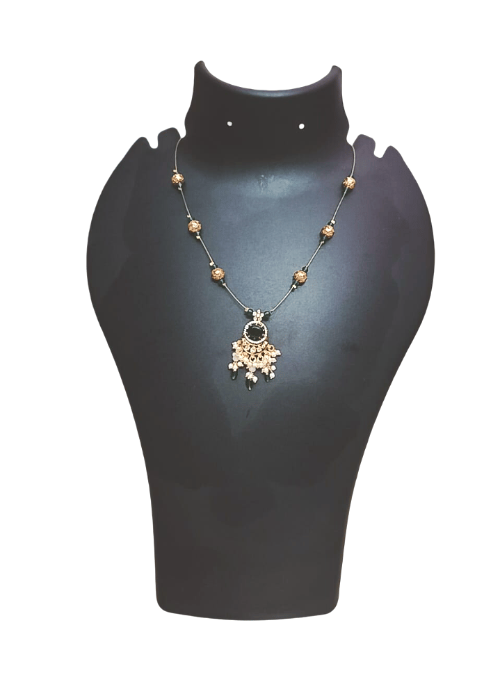 Elegant Gold-Plated Beaded Short Necklace with Black Stone Pendant