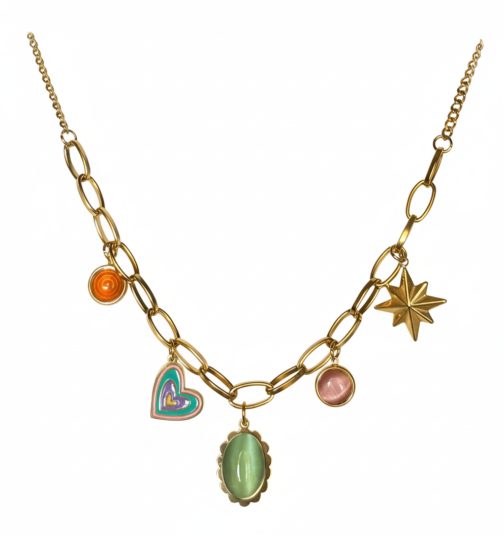 Gold Plated Multi-Charm Choker Necklace with Heart, Star & Gemstone Pendants