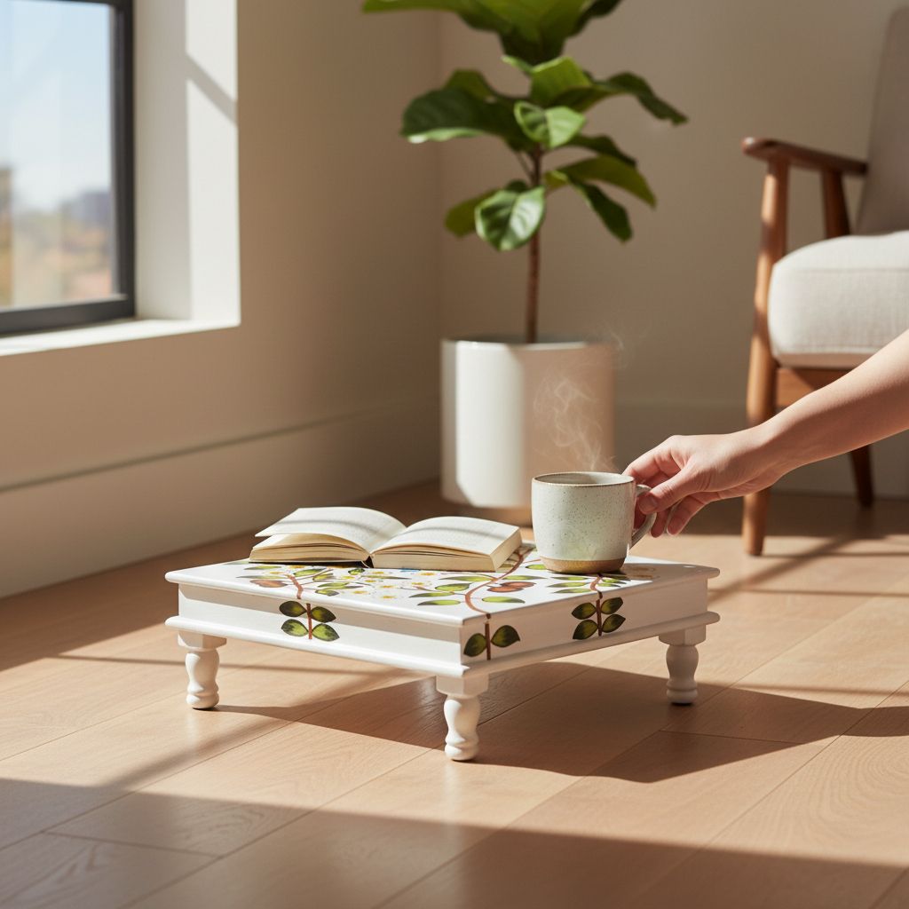 Wooden Painted Pooja Bajot Chowki Table with Floral and Bird Motif, White Base Perfect for Home Decor
