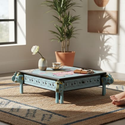 Hand-Painted Wooden Choki Bajot Table for Pooja Room, 47x47x14 cm, Elephant Legs, Peacock & Lotus Design Hand-Painted Wooden Choki Bajot Table for Pooja Room, 47x47x14 cm, Elephant Legs, Peacock & Lotus Design