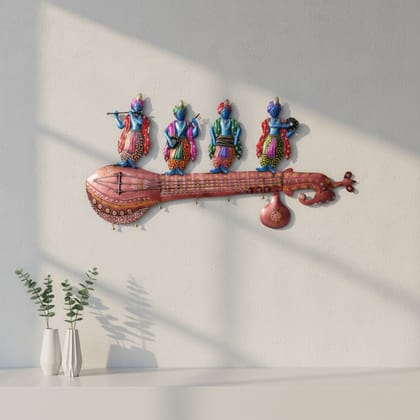Iron Hand Painted Krishna Gang Musicians on Sitar Wall Decor, 112x53x5 cm, with LED Lighting For Home Decor Iron Hand Painted Krishna Gang Musicians on Sitar Wall Decor, 112x53x5 cm, with LED Lighting For Home Decor