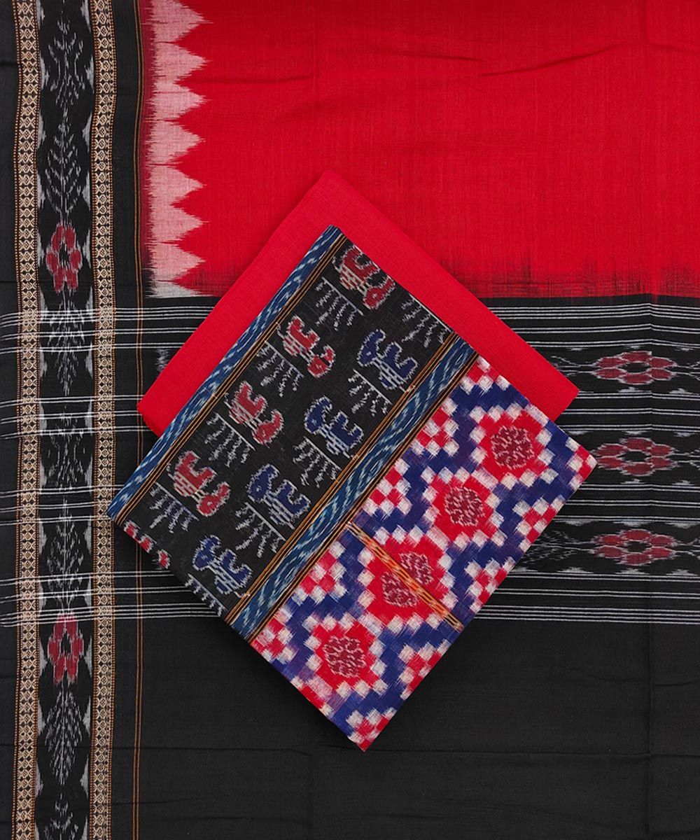 Black Red Sambalpuri Handwoven Double Ikat Suit(SFCSUT1971
