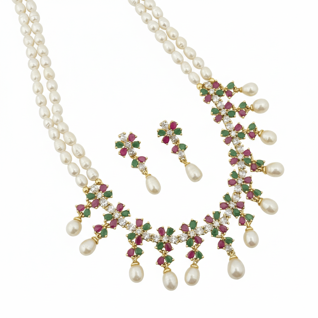 Two Layer Pearl Set With Multi Colour Flower