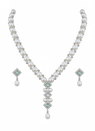 White Party Wear Pearl Set with Green Stone Studs