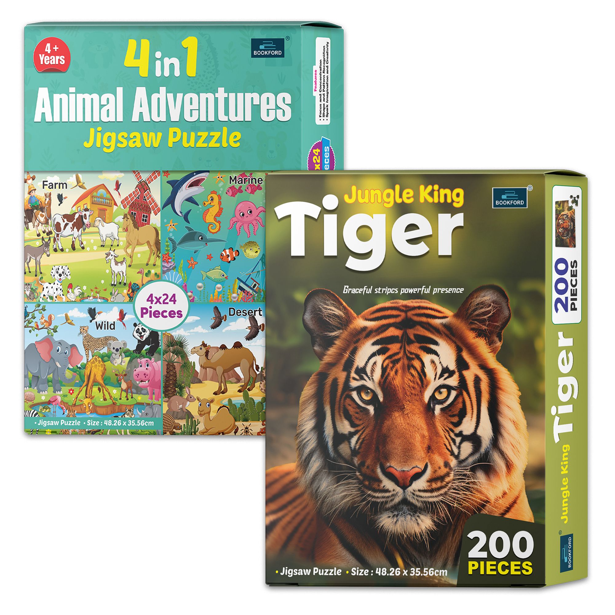 4 in 1 Animal Adventure & Jungle King Tiger – A Roaring Puzzle Combo for Kids to Learn About Big Cats & the Wild Jungle! | Set of 2