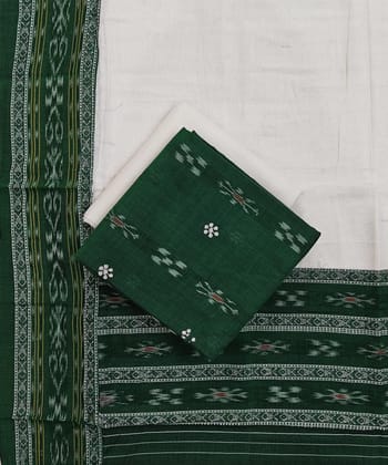 Green White Sambalpuri Handwoven Double Ikat Suit SFCSUT2314