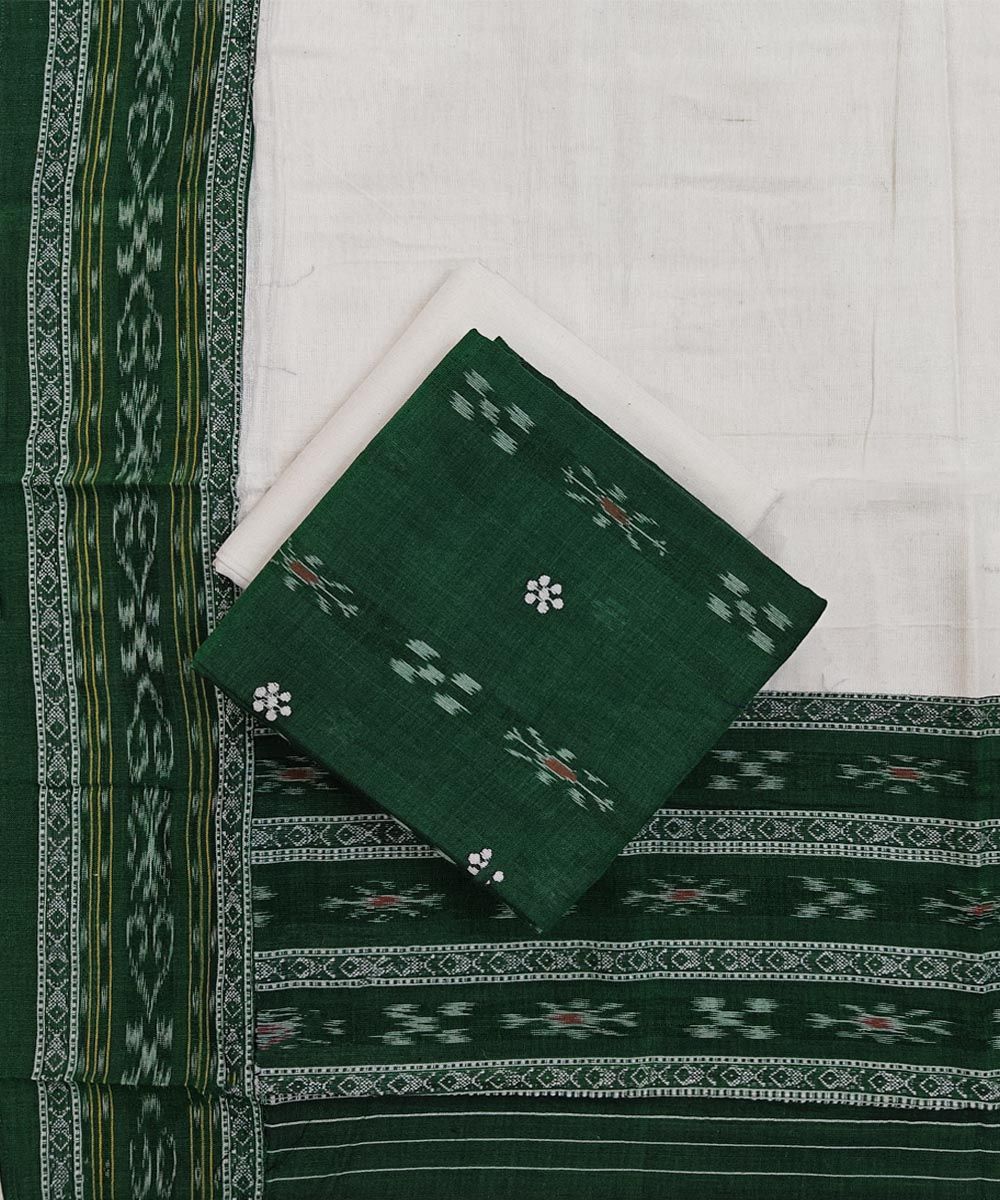 Green White Sambalpuri Handwoven Ikat Suit Set SFCSUT2314