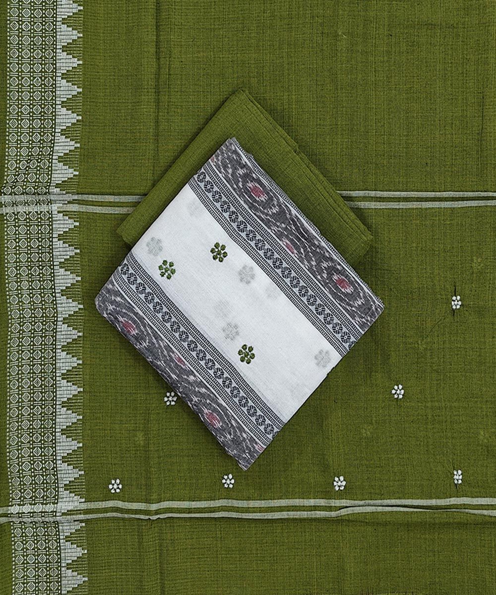 White Olive Sambalpuri Handwoven Ikat Suit Set SFCSUT2318