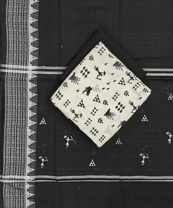 White Black Sambalpuri Handwoven Ikat Suit Set SFCSUT2327