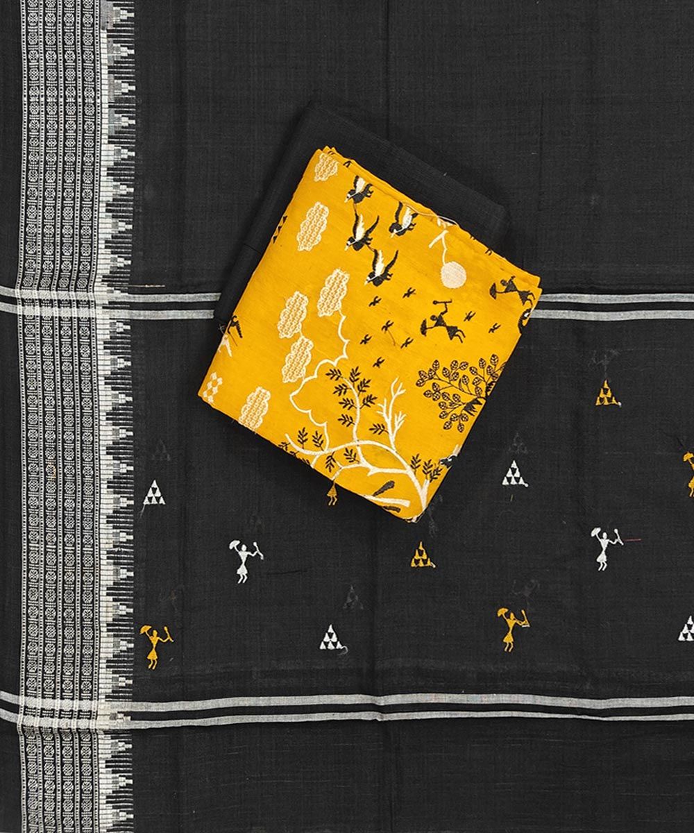 Yellow Black Sambalpuri Handwoven Ikat Suit Set SFCSUT2329