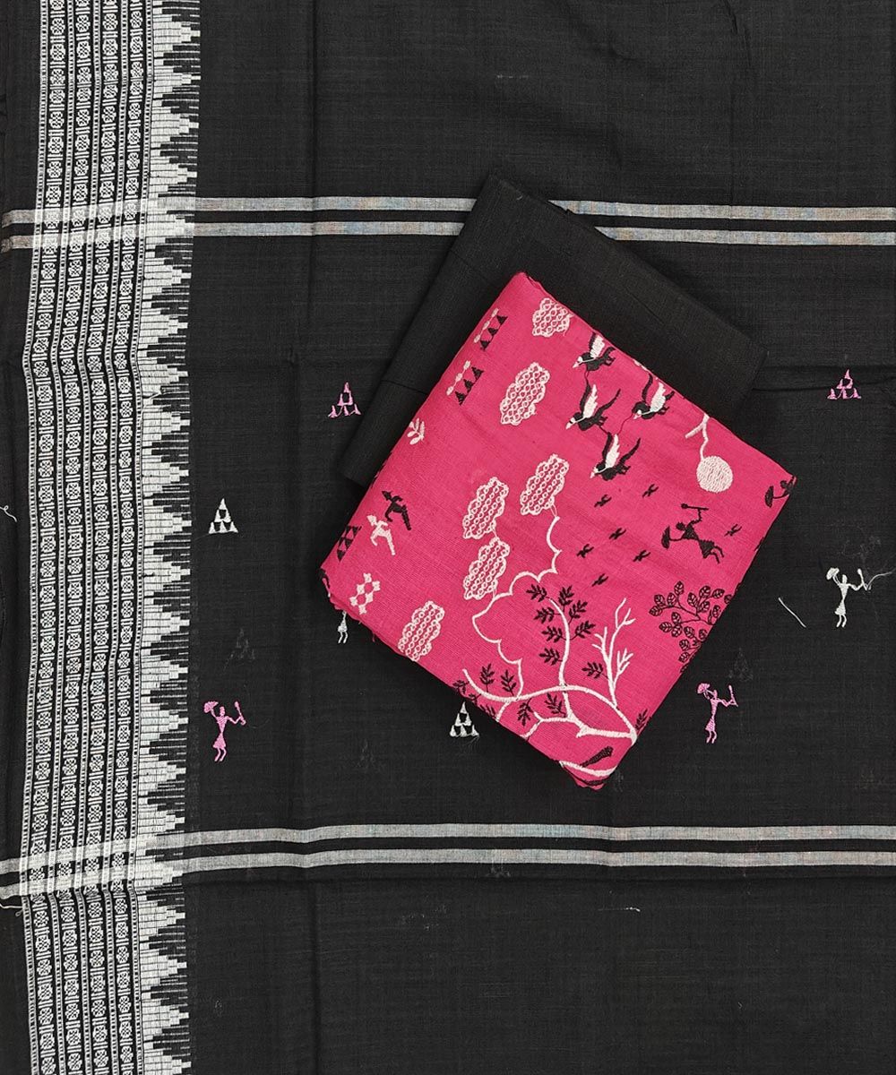 Pink Black Sambalpuri Handwoven Ikat Suit Set SFCSUT2330