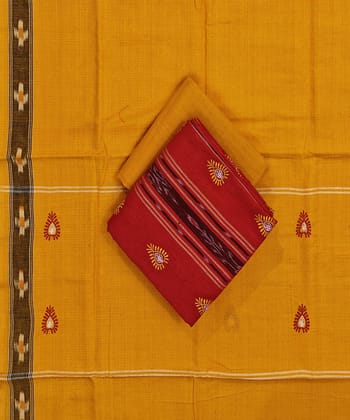 Red Yellow Sambalpuri Handwoven Double Ikat Suit SFCSUT2334