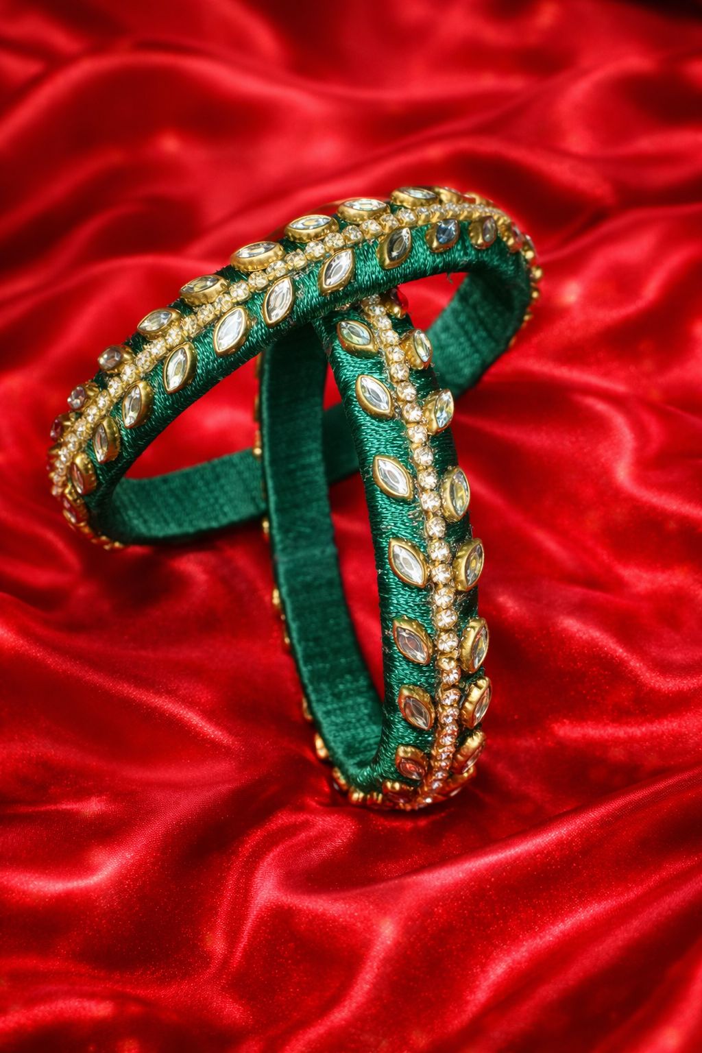 Green Thread Kundan Stone Embellished Bangles Set