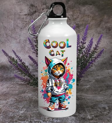 Cool Cat Printed Aluminum Water Bottle with Carabiner Clip - White