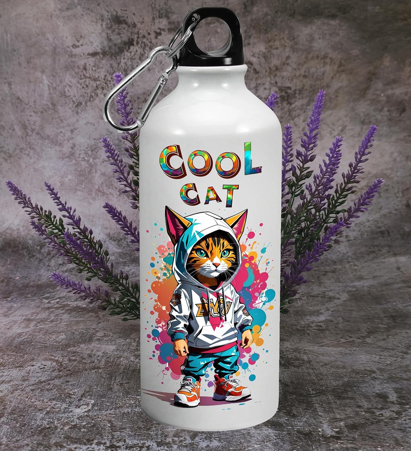 Cool Cat Printed Aluminum Water Bottle with Carabiner Clip - White